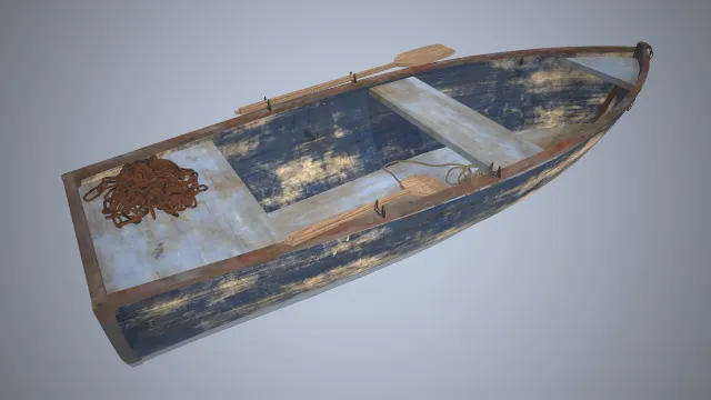 木制钓鱼船破旧船只放有绳子船桨