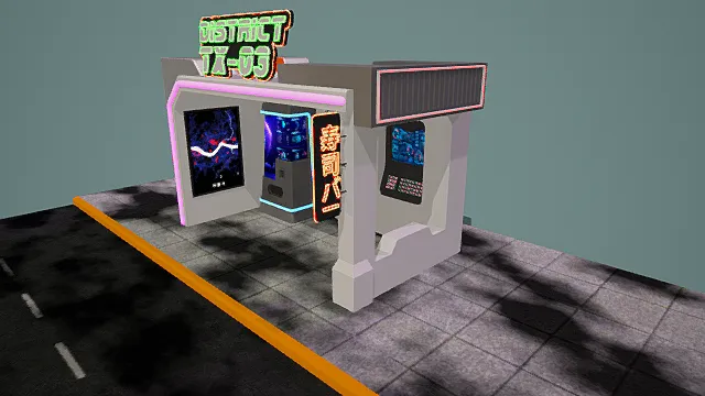赛博朋克风格3D站点模型，创意设计（赛博朋克站点、3D模型、霓虹标识、日式文字、电子屏幕、灰色背景、独特造型 ）