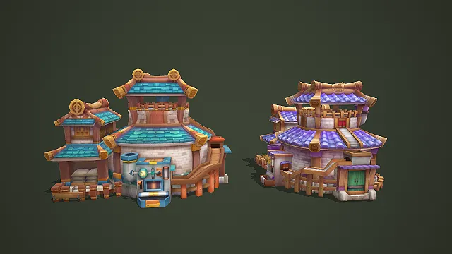 卡通风格青蓝紫双色古风工坊建筑套装游戏场景低模素材