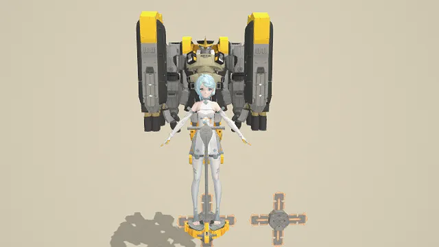 3D卡通风格机甲少女角色及装备模型，创意设计（3D角色、卡通风格、科幻风，角色设计主题）