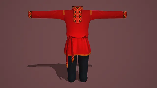 红色上衣配黑色下装3D服装模型，带民族风装饰