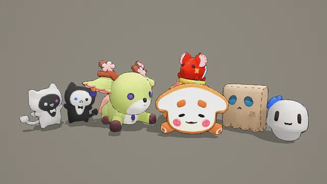 卡通风格3D毛绒玩偶组合模型，创意设计（卡通毛绒玩偶组、3D模型、多只玩偶造型、可爱软萌、治愈系、二次元）