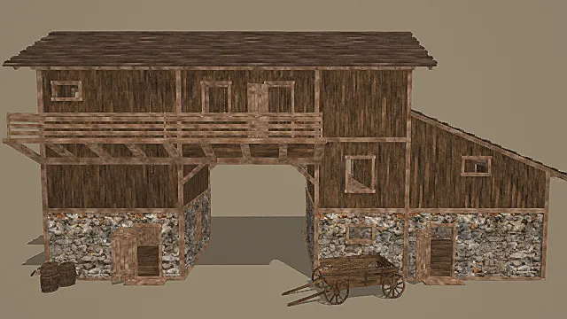 复古跨空连廊式木石工坊建筑3D模型