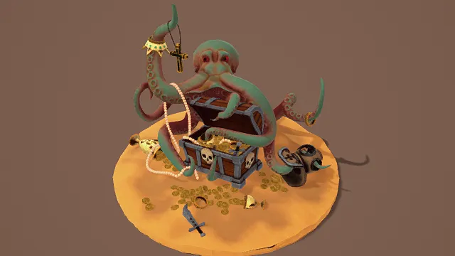 3D卡通风格绿棕金系海盗章鱼宝藏场景模型，创意设计（3D场景、卡通风格、奇幻海盗风，场景设计主题）