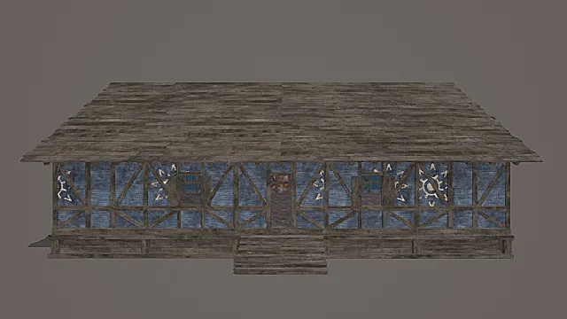 复古蓝纹木骨长形建筑3D模型