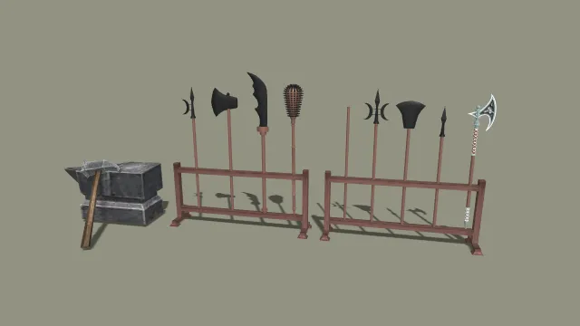写实风格中世纪长柄武器架与铁砧 3D 模型 铁匠铺场景道具素材