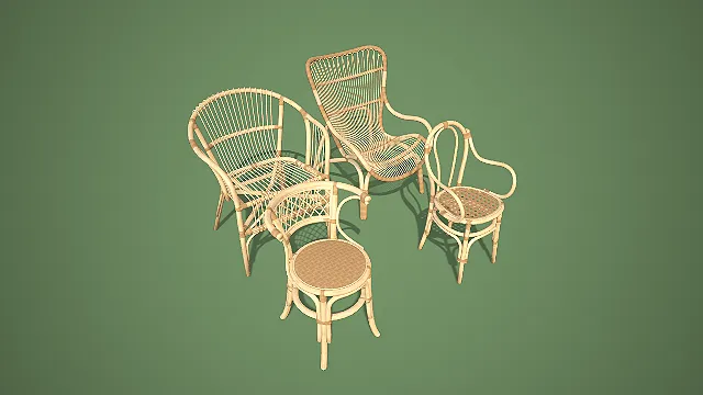 卡通风格四款大小形态绿饰藤编座椅组合 3D 低多边形场景装饰模型