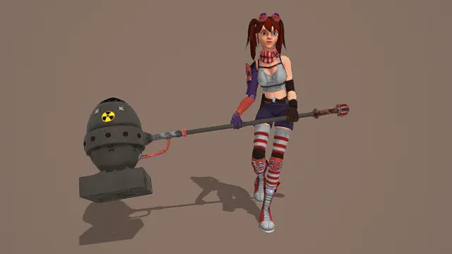 3D卡通风格红紫白黑系锤女角色模型，创意设计（3D角色、卡通风格、卡通朋克风，角色设计主题）