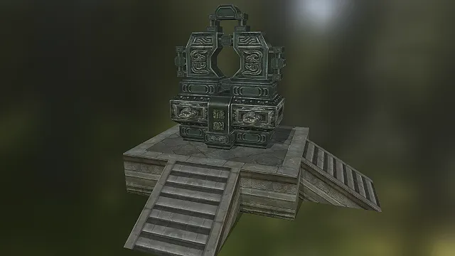 一个古蜀风格的3D天机锁模型，是充满神秘机关感的国风游戏道具