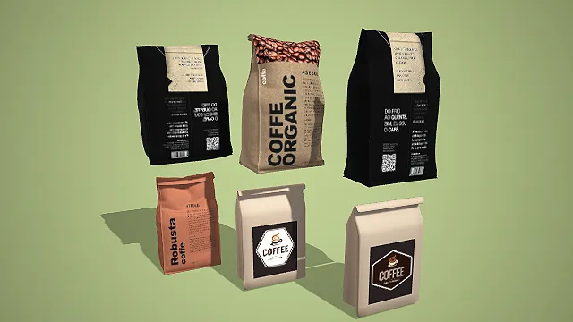 卡通风格多品类咖啡豆袋组合 3D 低多边形咖啡场景装饰模型