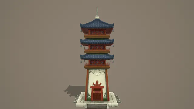 3D卡通风格中式多层塔楼模型，创意设计（3D建筑、卡通风格、华丽雅致，文化主题，物品元素）