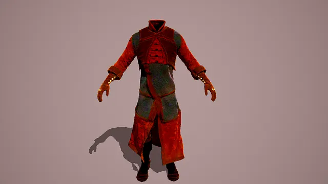 3D奇幻风红黑拼接长袍服饰模型，创意设计（3D长袍服饰、奇幻风格、复古奇幻、游戏风、服饰设计感）