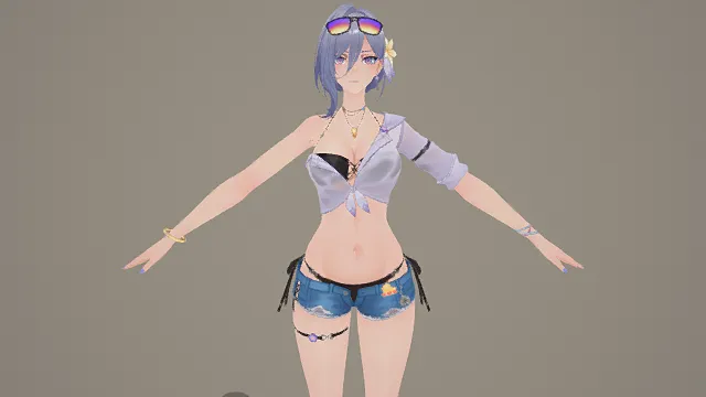 3D卡通风格紫白蓝系夏日少女角色模型，创意设计（3D角色、卡通风格、夏日清新风，角色设计主题）