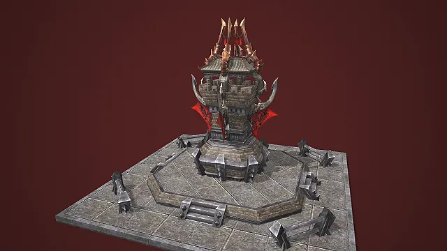 暗黑风带尖刺红翼的魔化塔楼建筑 3D 场景模型