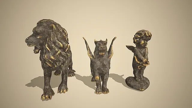 雕塑组合  青铜质感  装饰摆件  狮子雕像  小天使像