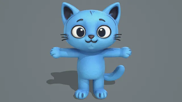 3D卡通风格蓝黑系萌系小猫角色模型，创意设计（3D角色、卡通风格、可爱风，物品设计主题）
