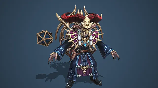 卡通 Q 版骷髅头红角恶魔法师带多面体法球 3D 游戏角色模型