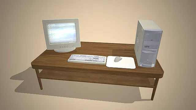 台式电脑  办公设备模型  立式主机箱  实木双层桌