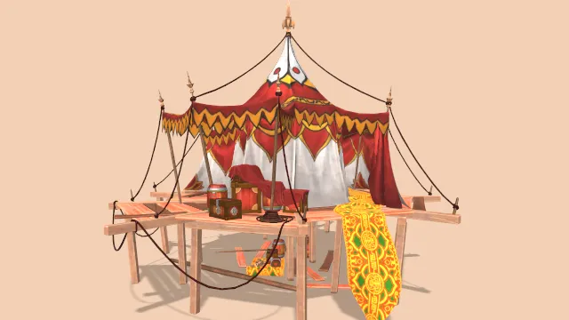 木头架子红色帐篷花地毯建筑