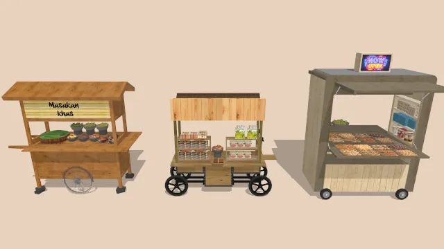 三个市场摊位买卖小推车食物零食