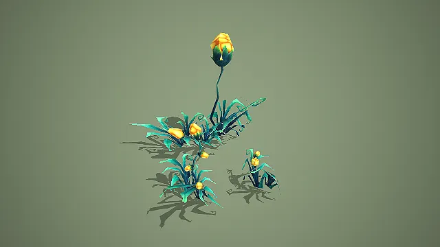 低模蓝绿色藤蔓黄花苞植物模型 游戏奇幻场景植被素材