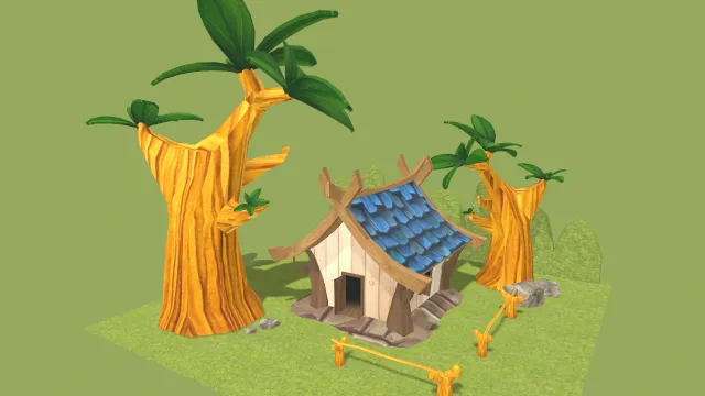 卡通风格化场景建筑房屋树木