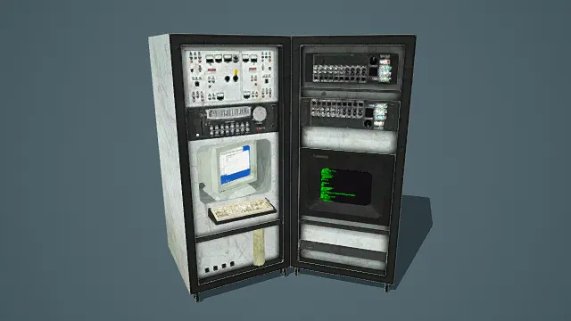 复古电子设备机柜3D写实模型，创意设计（写实复古电子设备机柜、多模块结构、老式电脑与键盘、按按钮与屏幕细节）