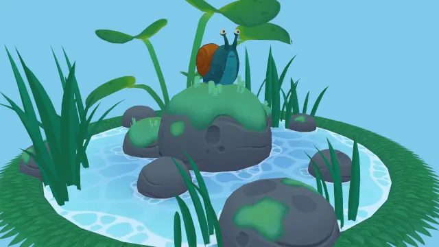 卡通风格池塘里悲伤的蜗牛石头植物