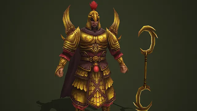 带双翅肩甲的金色重甲持双月镰古风武将模型
