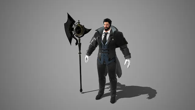 混搭风格  游戏角色模型  黑发胡须  优雅绅士  重装战士  西装  巨斧  