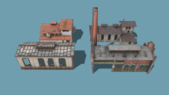 废弃工业建筑群  场景道具  做旧锈蚀金属  游戏场景