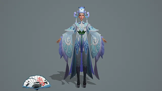 国风法师角色：鸾纹冠饰玉扇青鸾模型