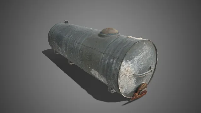 工业场景  卧式储蓄罐  钢制罐体  圆形加料口  带锈蚀扣件的出料阀  工业储液设备  废弃厂房