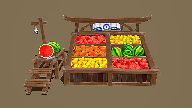 卡通风格古风蔬果集市摊位3D模型