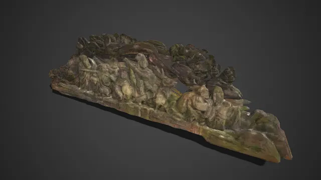 复古风格  木质群像雕塑  风化陈旧  斑驳纹理  苔藓痕迹  枯藤装饰  古风场景