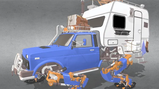 旅程中的汽车装有行李房车组装的机械臂替代车轮