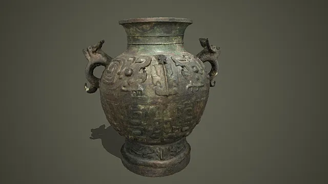 国风青铜兽面纹双耳壶摆件 3D 模型