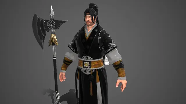 游戏角色  古风元素  龙纹巨斧  金纹束带  侠将风格  雅致  高束发  