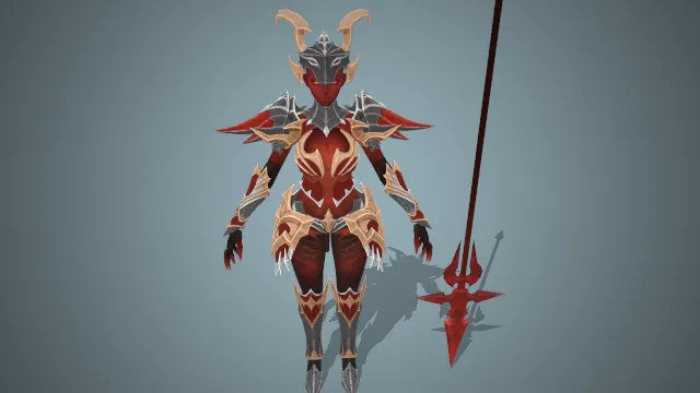 恶魔风格铠甲 尖角头盔 红色皮肤 长柄武器
