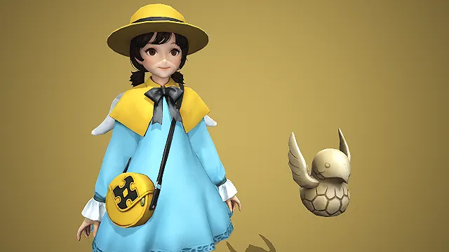 蓝黄帽裙少女配龟形伙伴：青柠旅伴冒险少女模型