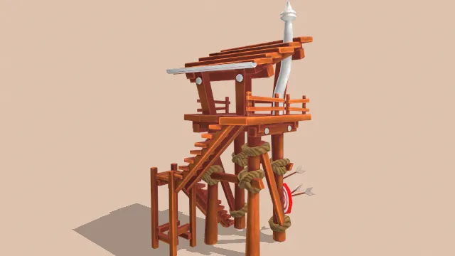 卡通风格化防御塔木头架子建筑游戏模型