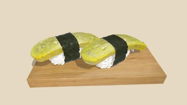 玉子寿司由海苔裹着放在木盘子上食物
