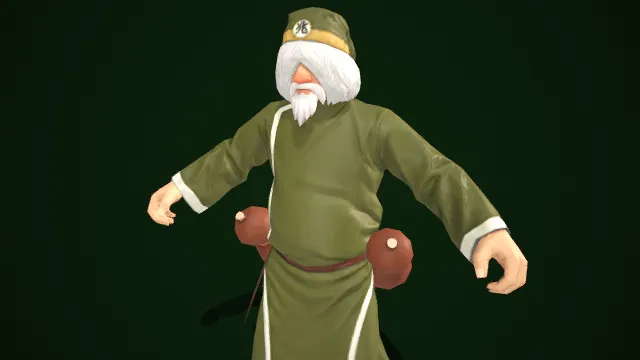 白头巾老者：绿袍配酒壶的武道家  传统武道风格  老者角色  神秘沉稳  酒壶  东方传统  武道题材