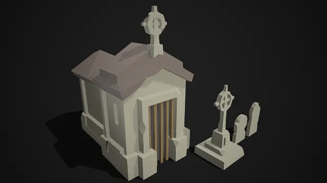 低多边形  墓园设施  石制小教堂  十字架装饰  墓碑  清冷  宗教墓地