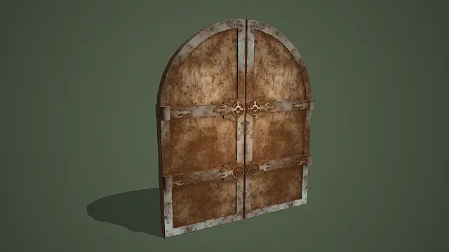 复古锈蚀金属双开拱门带装饰扣件写实模型