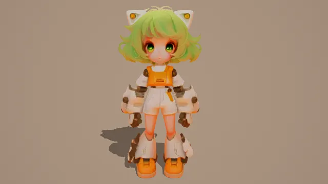 3D卡通风Q版机甲猫耳少女角色模型，创意设计（3D Q版少女、卡通风格、可爱炫酷、机甲主题、猫耳元素）
