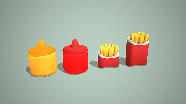 低多边形风格酱料瓶与薯条 3D 模型 快餐美食道具素材合集
