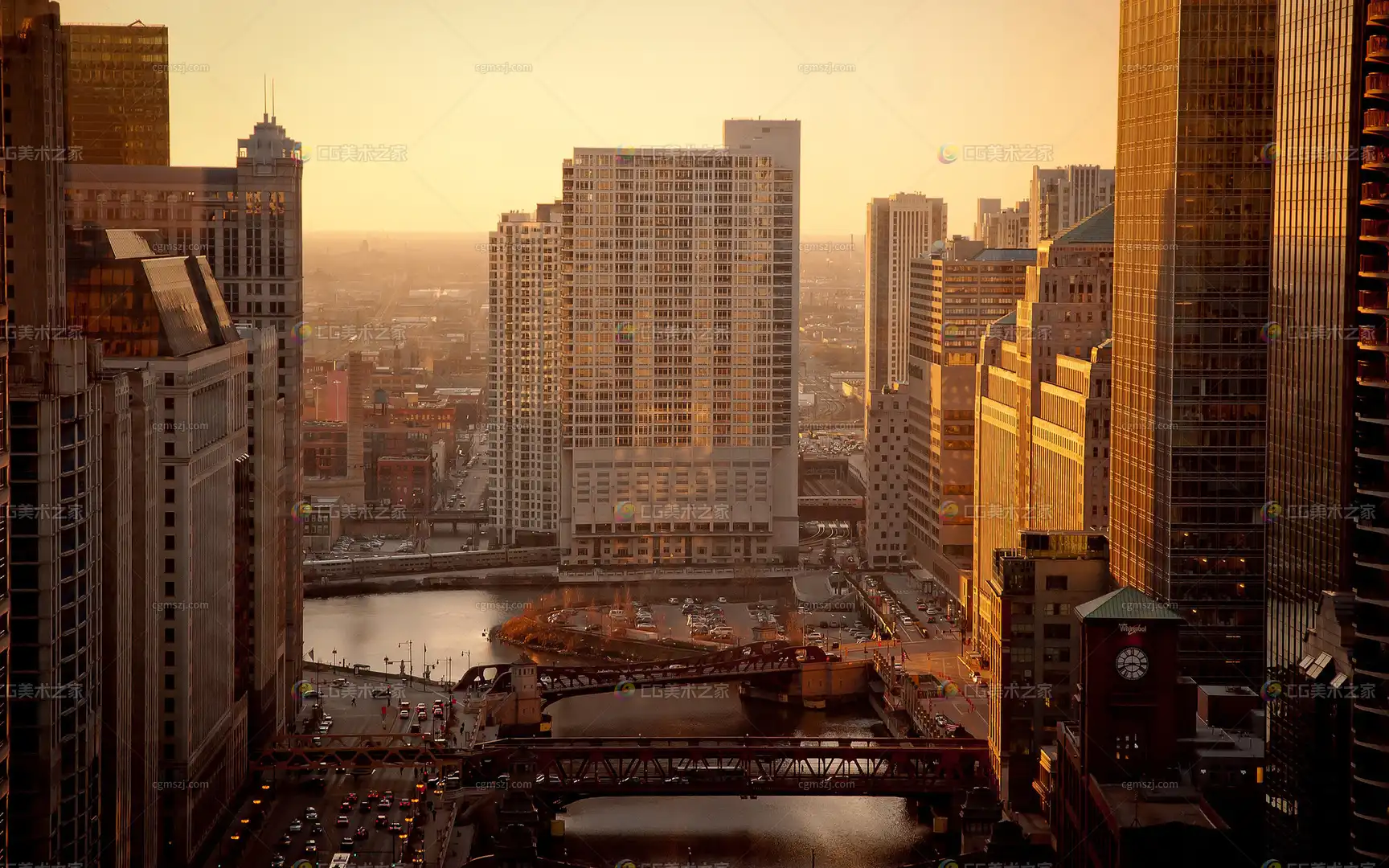 暖调都市河畔外景贴图