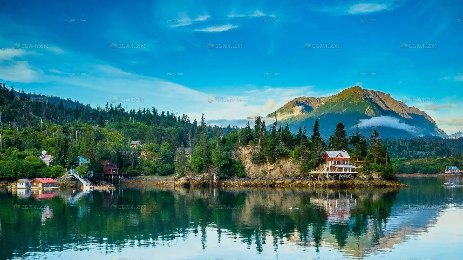 山水湖畔小屋场景贴图