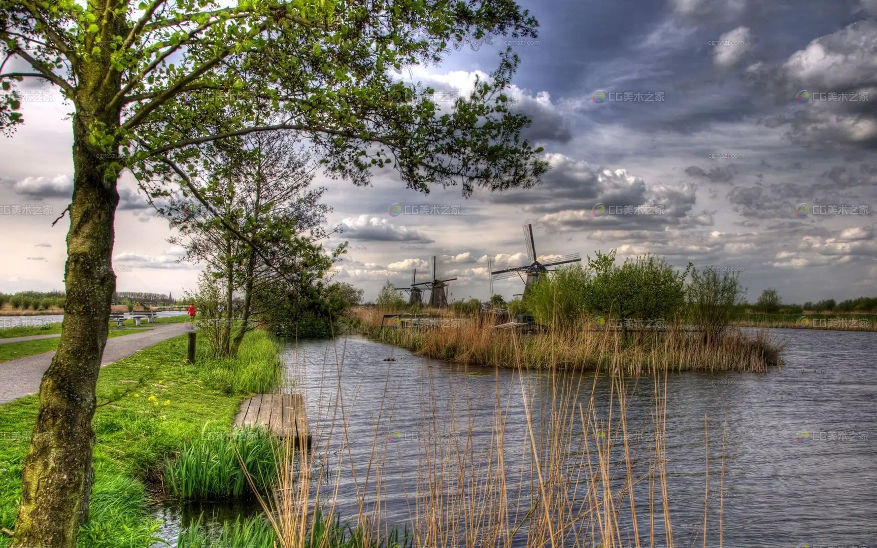 绿意河畔风车景观贴图